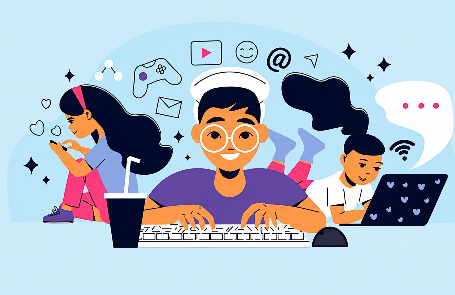 Illustration of children using computers and devices, representing the importance of raising kind kids in the digital age.