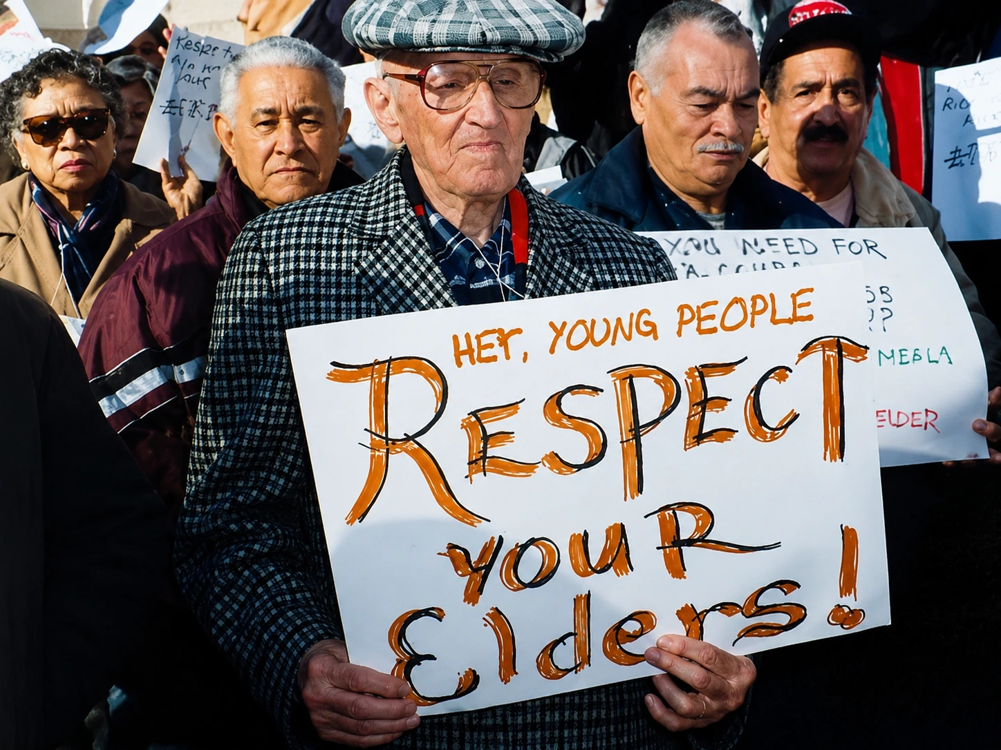 A diverse group of seniors standing together in a public gathering, with one man in the foreground holding a hand-lettered sign advocating for respect for elders
