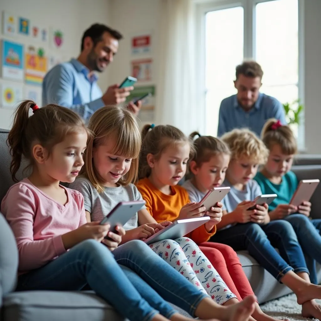 A group of children sitting on a sofa looking down at tablets and smartphones, illustrating the modern dilemma of screen time vs reading for children.